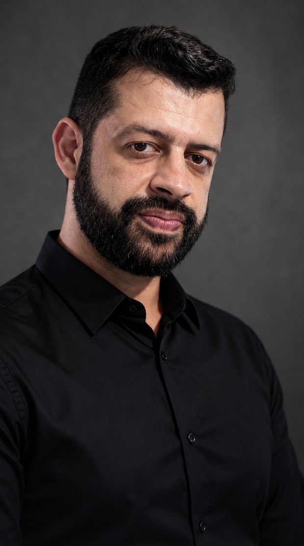 Bruno Pedroso, criador da Destrave, de camisa preta, em retrato de estúdio