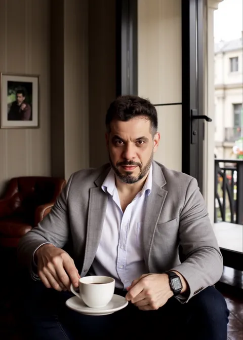 Guilherme Fellet sentado num café, de blazer cinza, segurando uma xícara